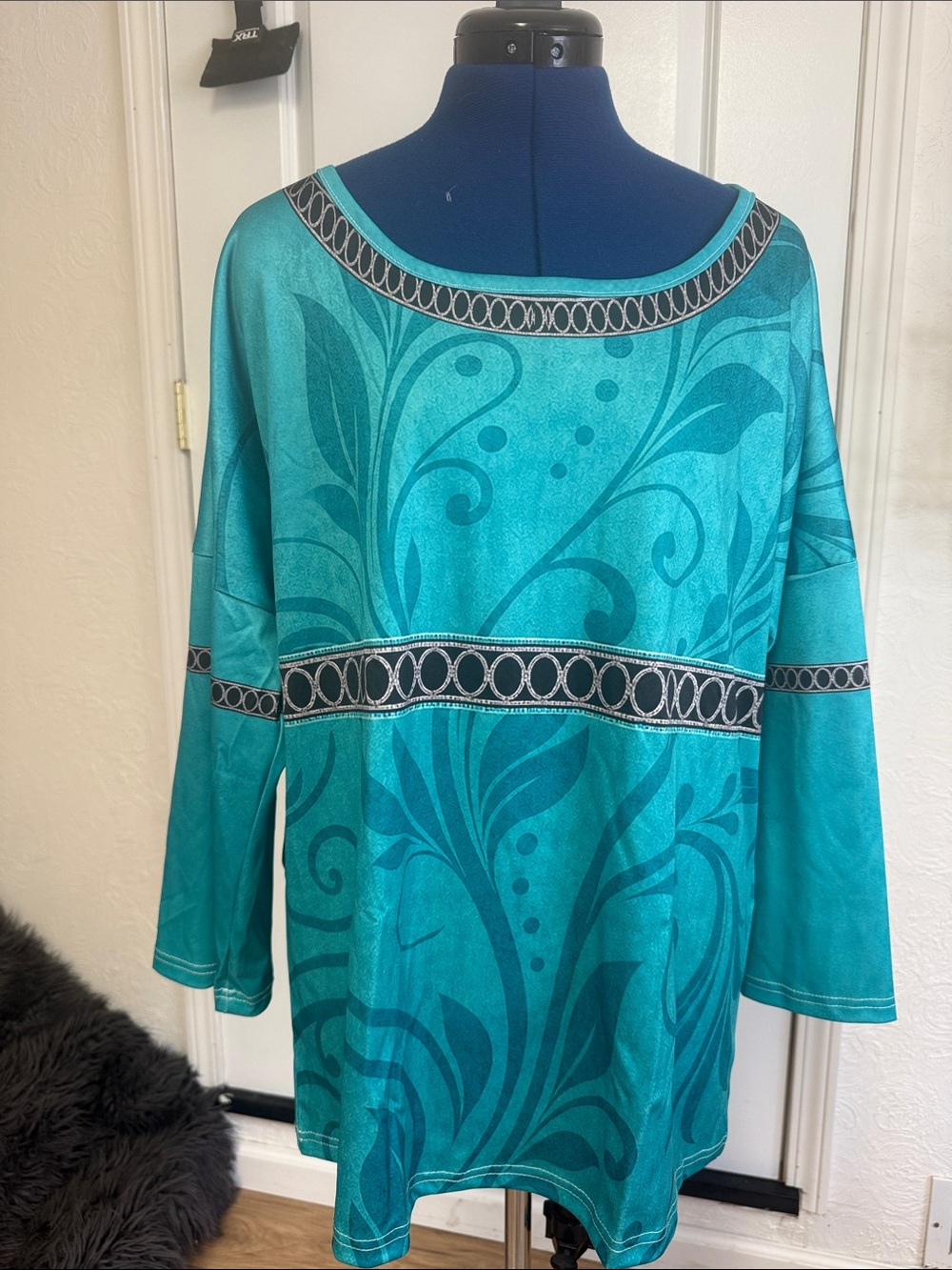 Amazon Teal Printed Boatneck Tunic with Decorative Band